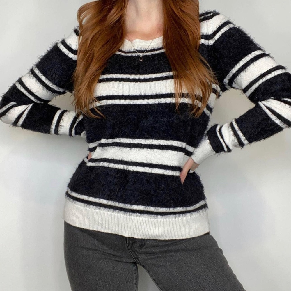 NWT LOFT Black & White Stripe Fuzzy Sweater